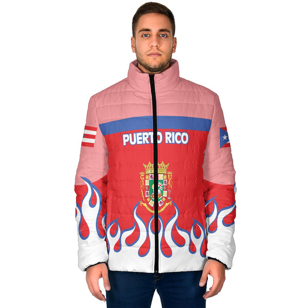 Puerto Rico Men Padded Jacket Flag & Coat Of Arms Fire Hockey Style