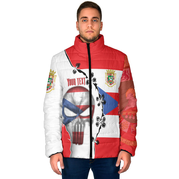 Puerto Rico Men Padded Jacket Flag & Coat Of Arms Skull Style