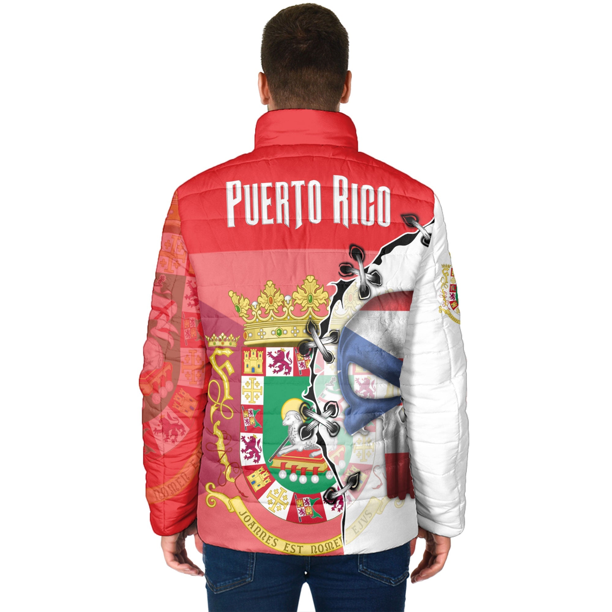 Puerto Rico Men Padded Jacket Flag & Coat Of Arms Skull Style