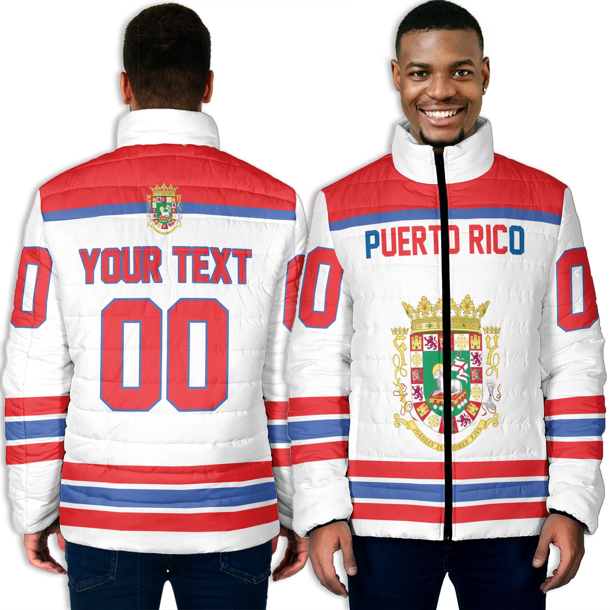 Puerto Rico Men Padded Jacket Flag & Coat Of Arms Hockey Style