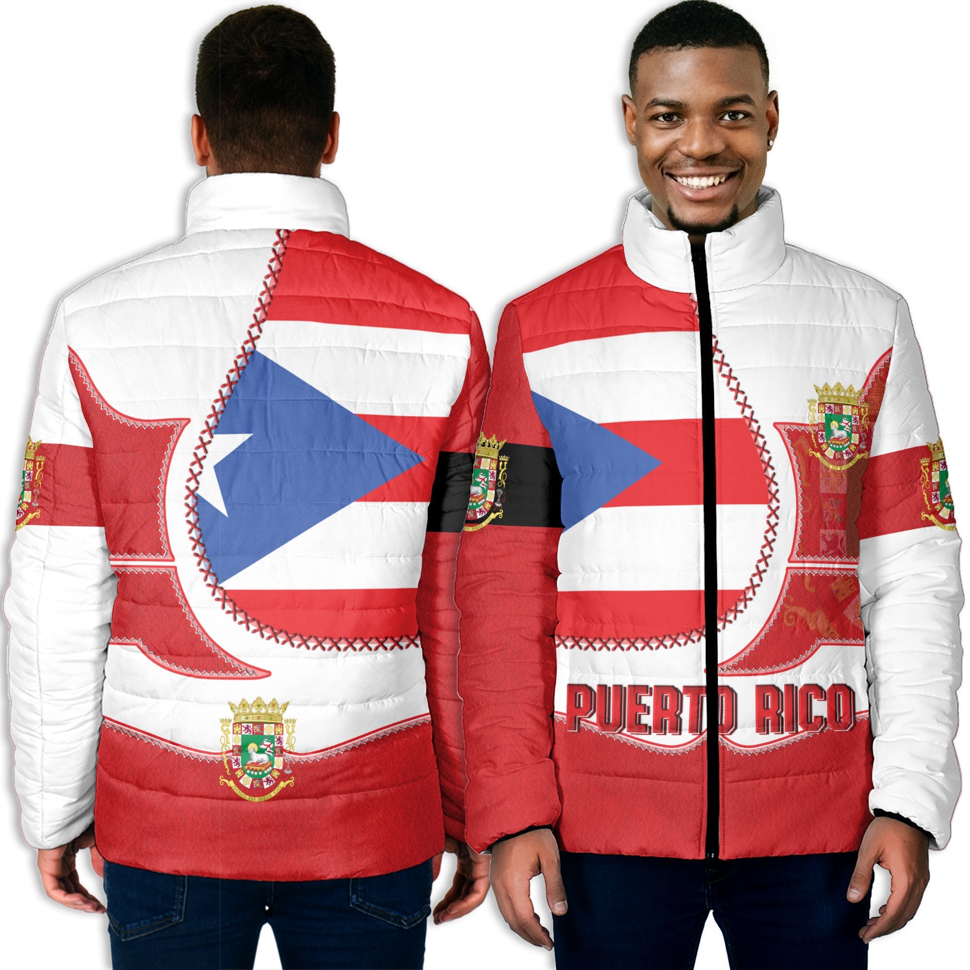 Puerto Rico Men Padded Jacket Flag & Coat Of Arms Leather Style