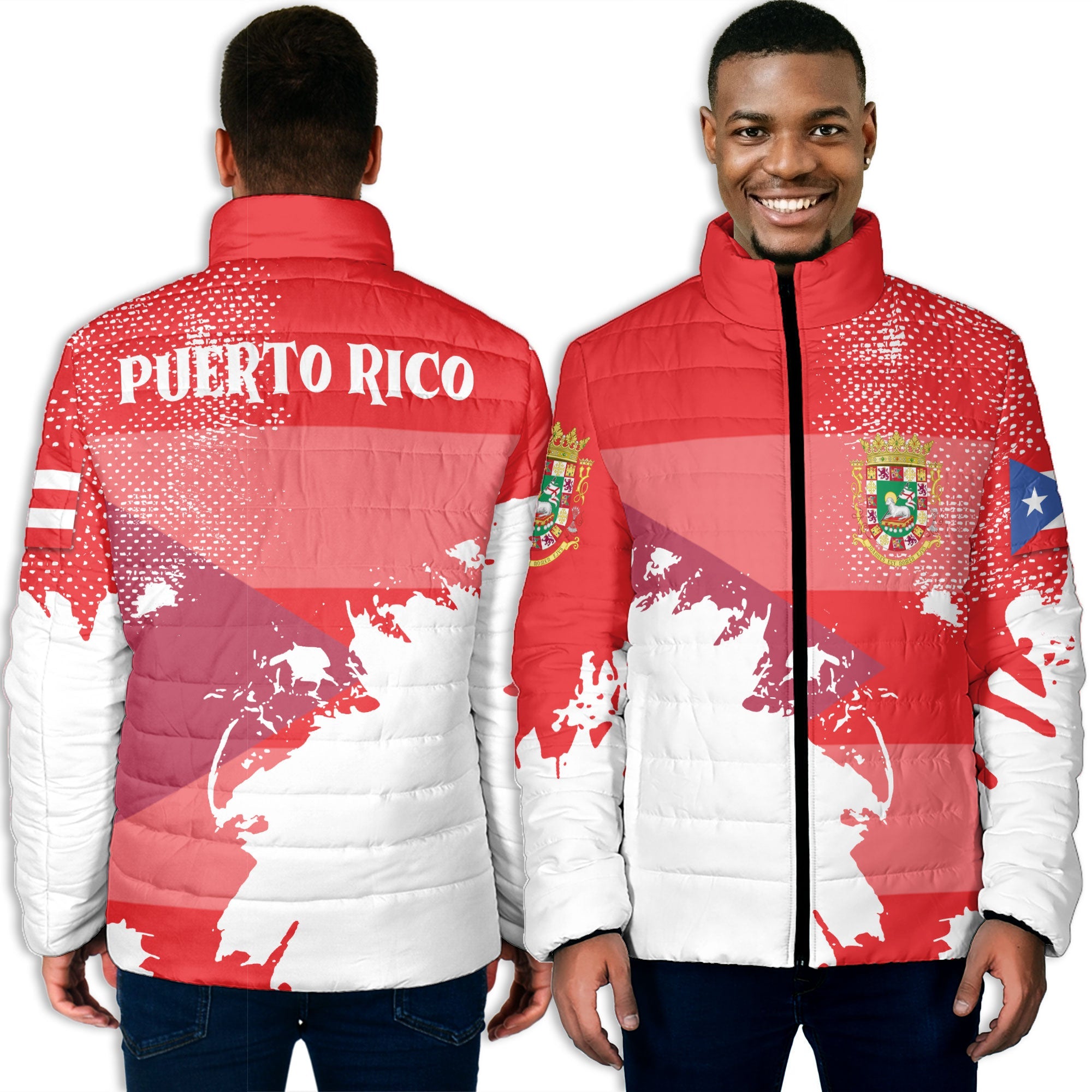 Puerto Rico Men Padded Jacket Flag & Coat Of Arms Paint Style