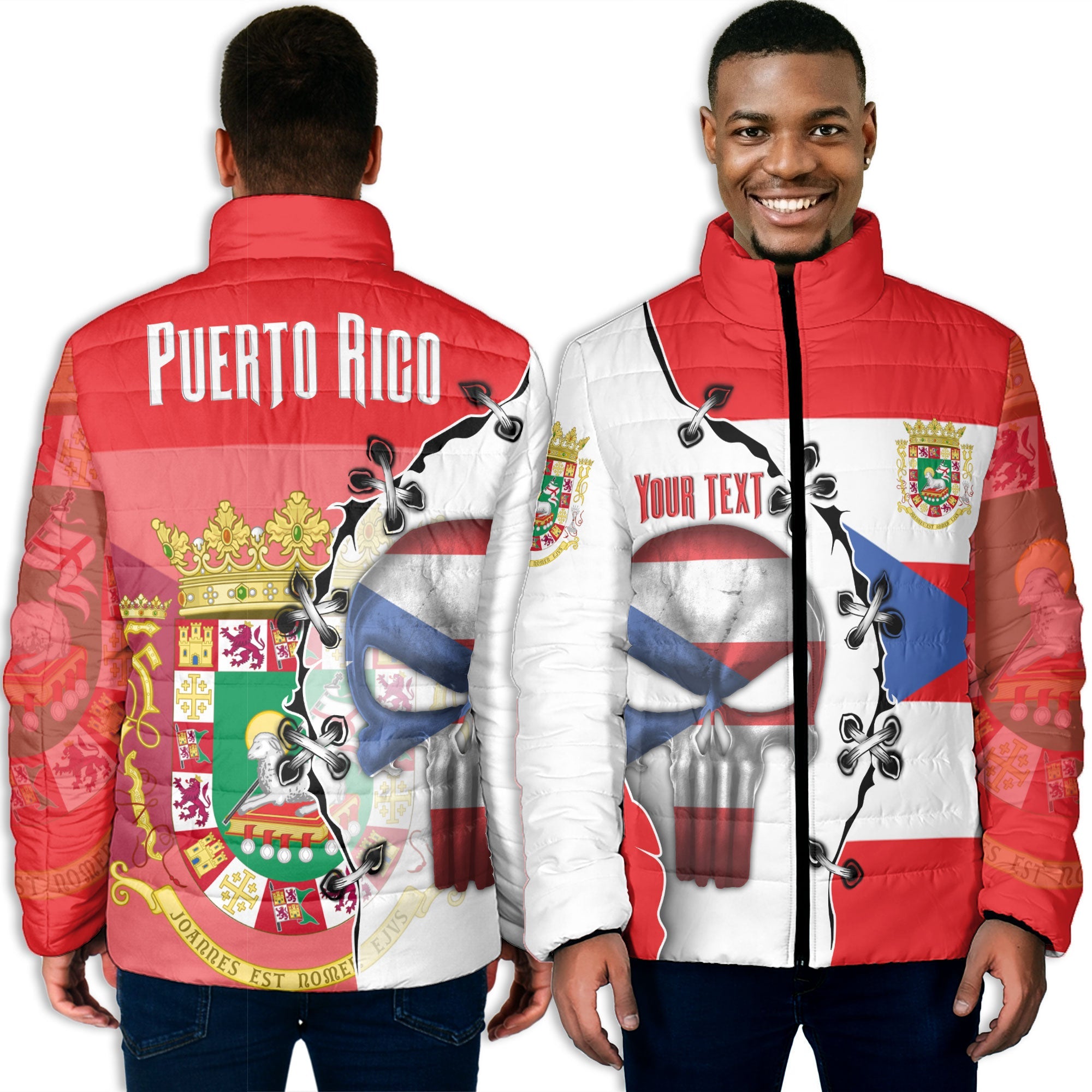 Puerto Rico Men Padded Jacket Flag & Coat Of Arms Skull Style