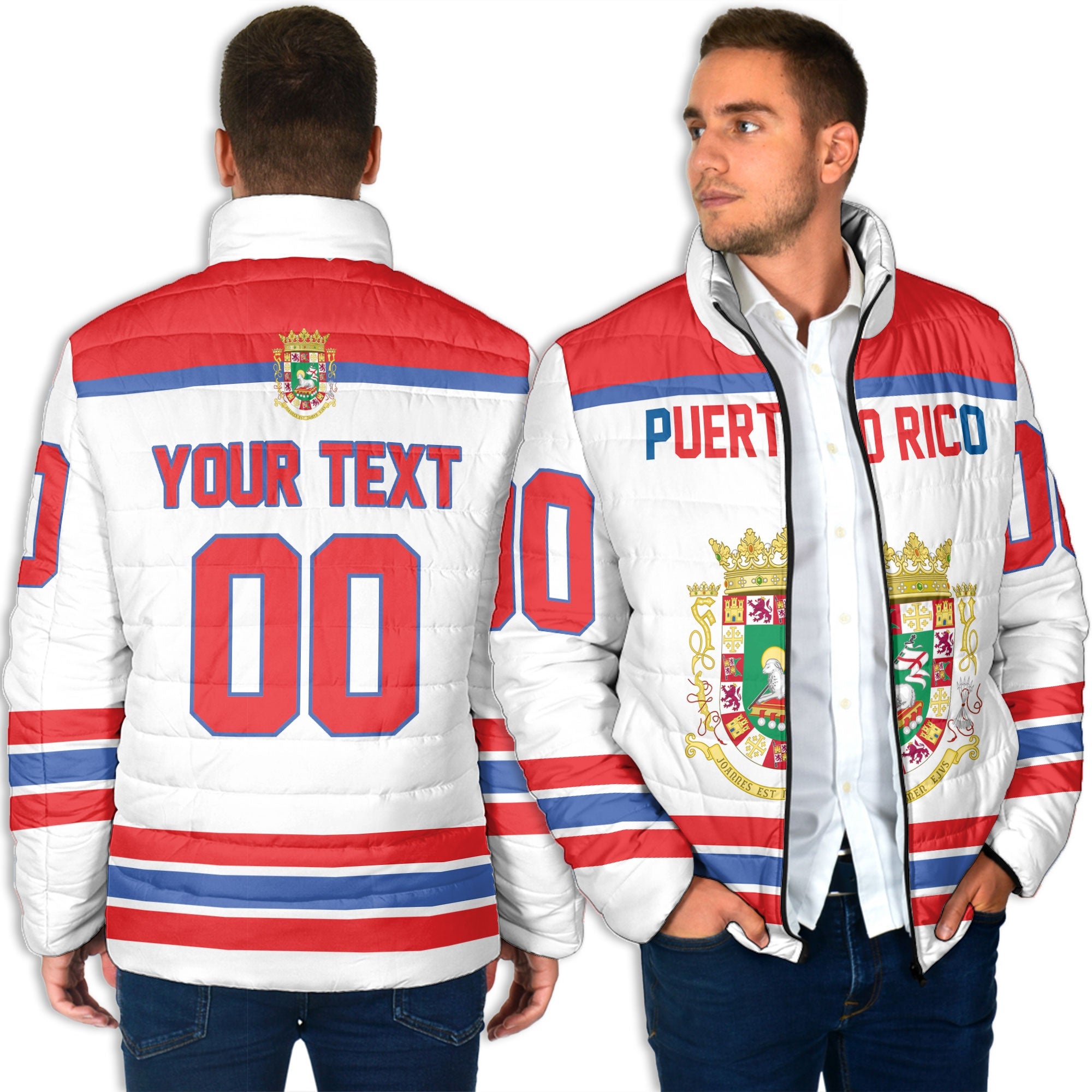 Puerto Rico Men Padded Jacket Flag & Coat Of Arms Hockey Style