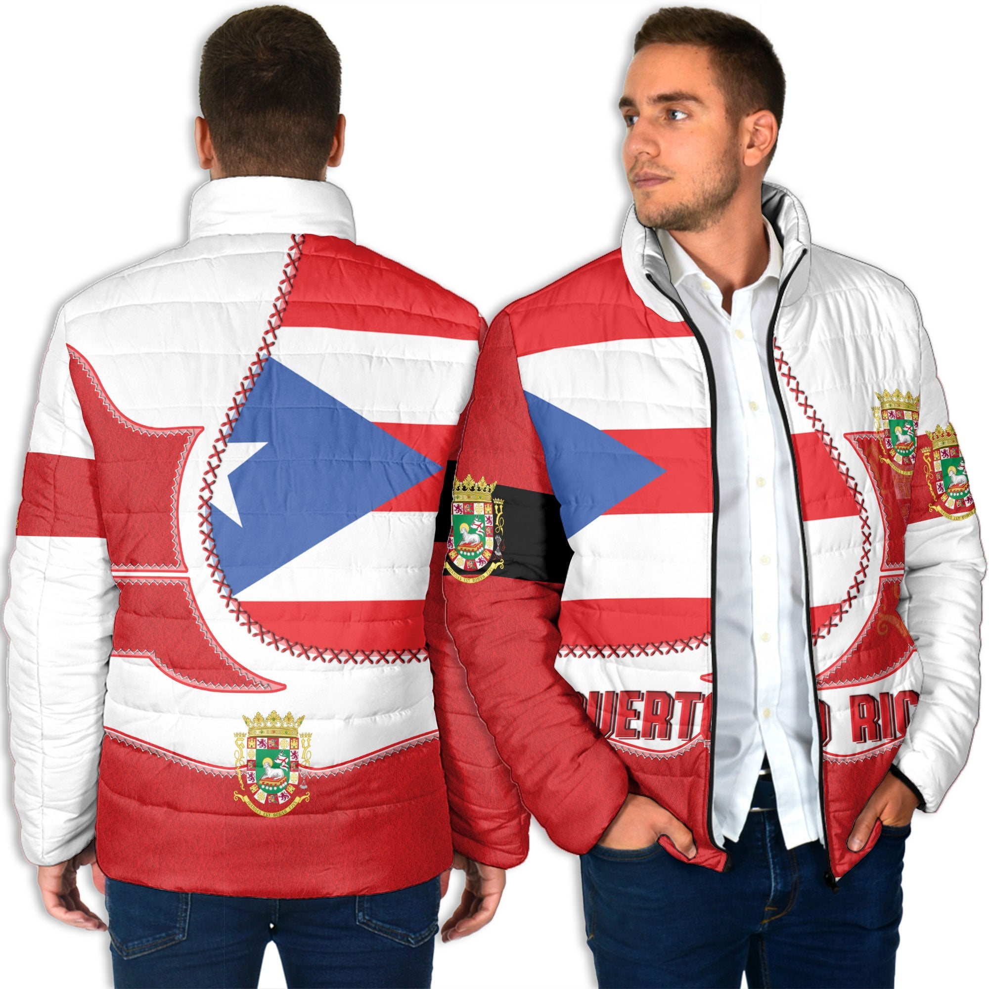 Puerto Rico Men Padded Jacket Flag & Coat Of Arms Leather Style