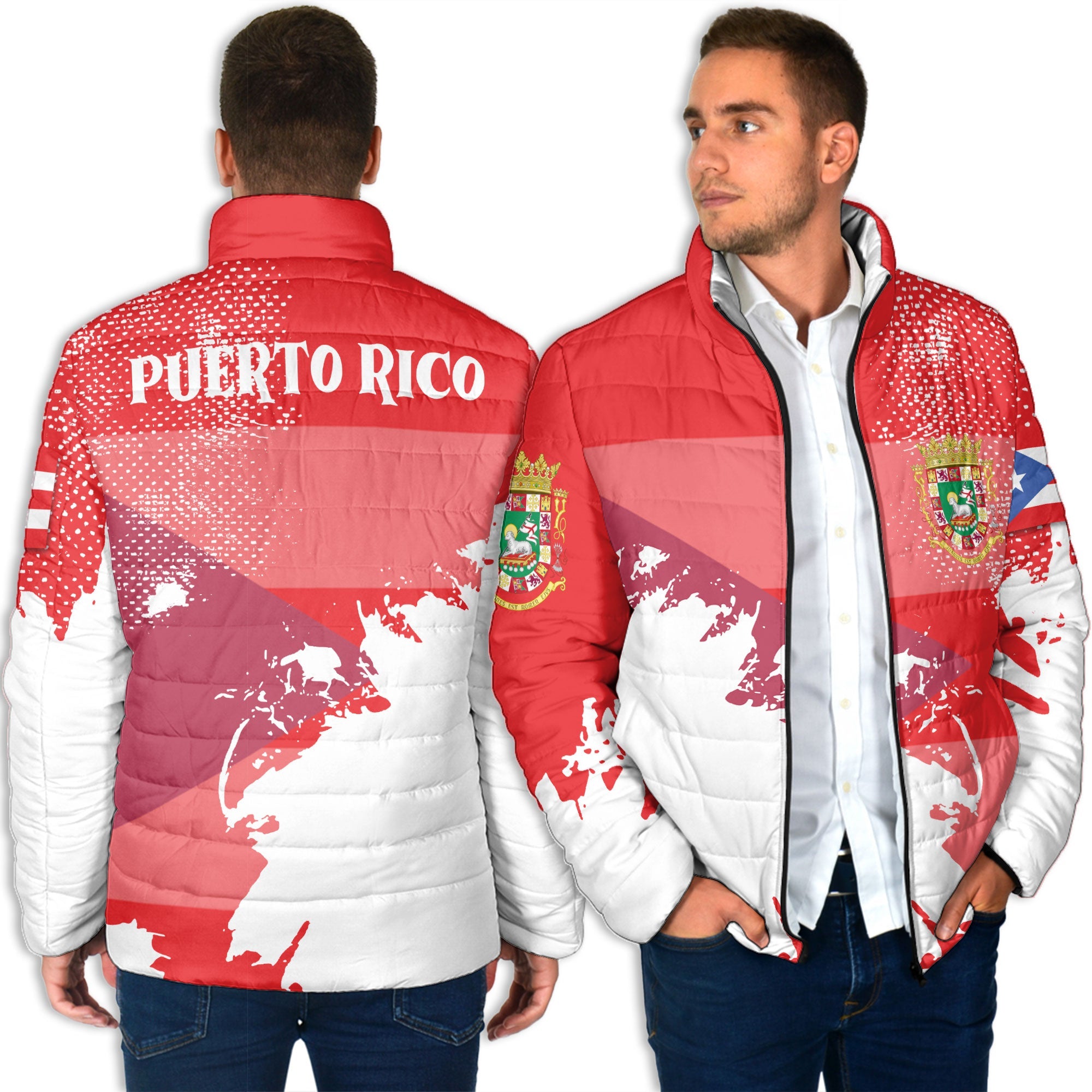 Puerto Rico Men Padded Jacket Flag & Coat Of Arms Paint Style