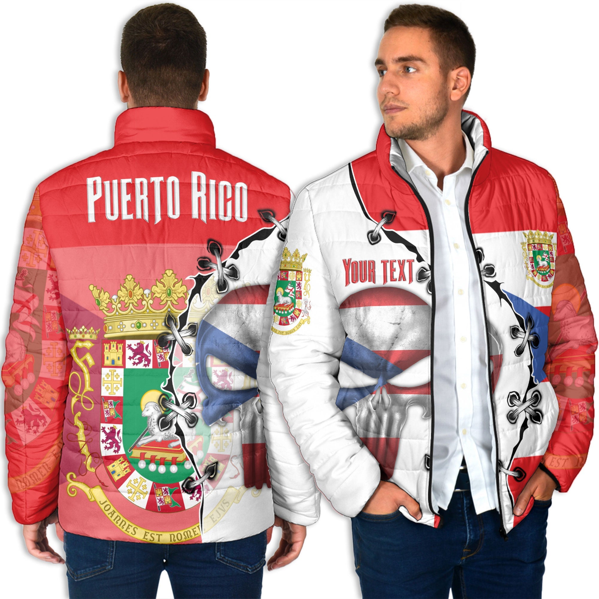 Puerto Rico Men Padded Jacket Flag & Coat Of Arms Skull Style