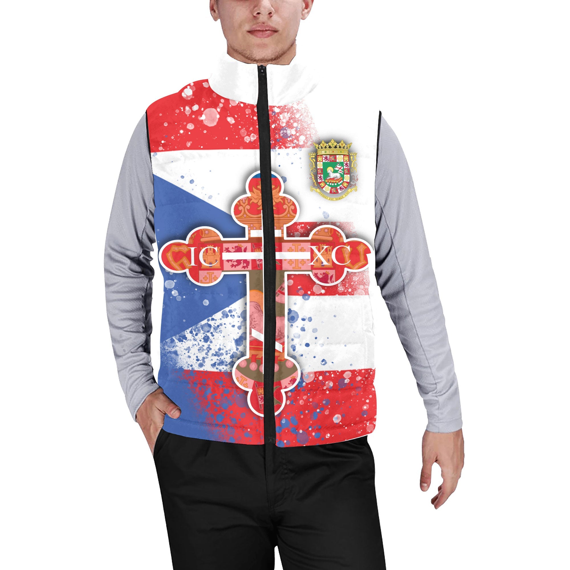 Puerto Rico Men Padded Jacket Vest Flag & Coat Of Arms Orthodox Style