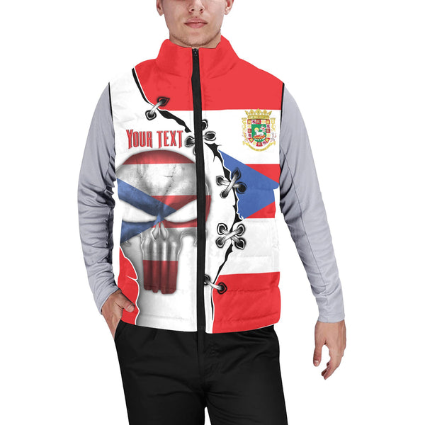 Puerto Rico Men Padded Jacket Vest Flag & Coat Of Arms Skull Style