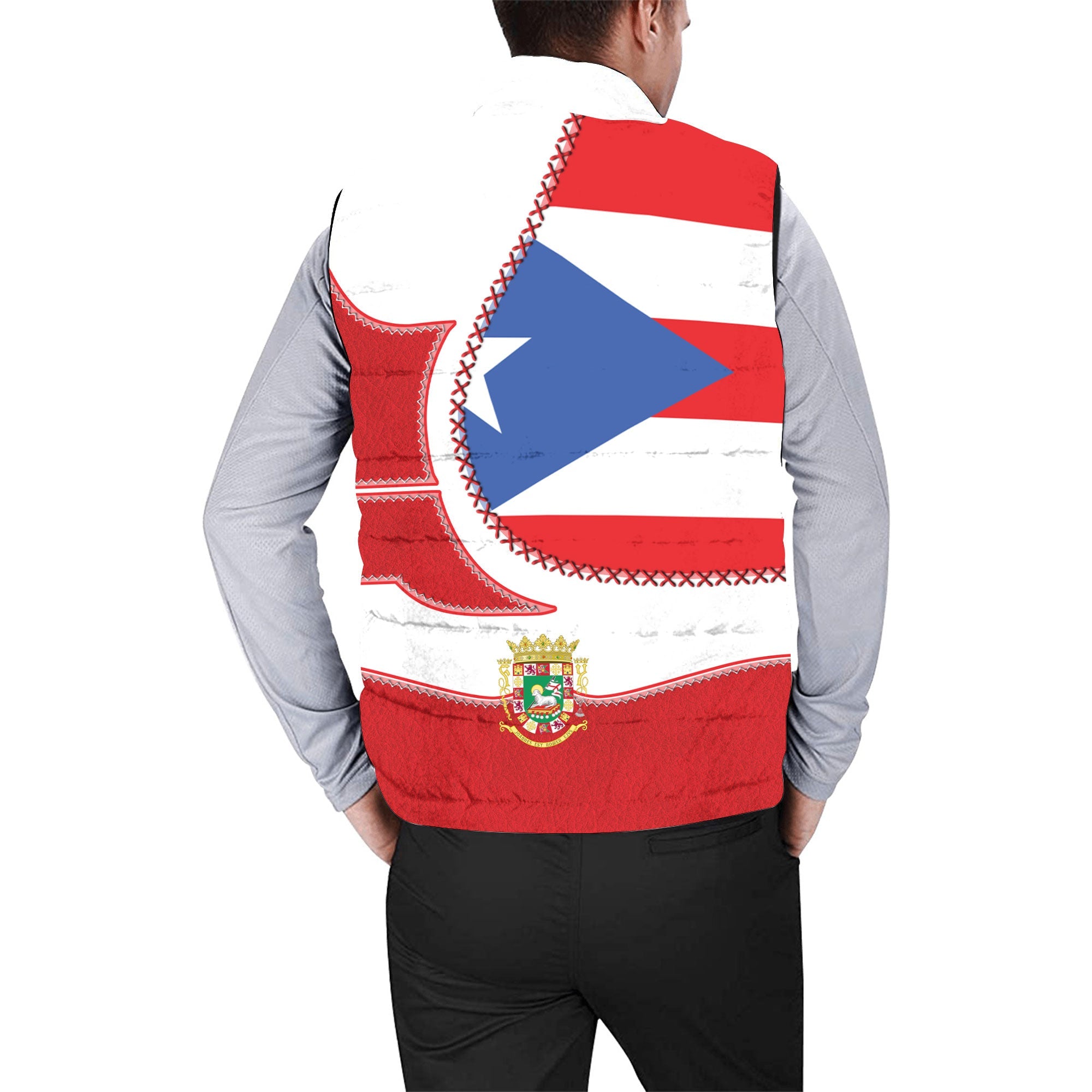 Puerto Rico Men Padded Jacket Vest Flag & Coat Of Arms Leather Style