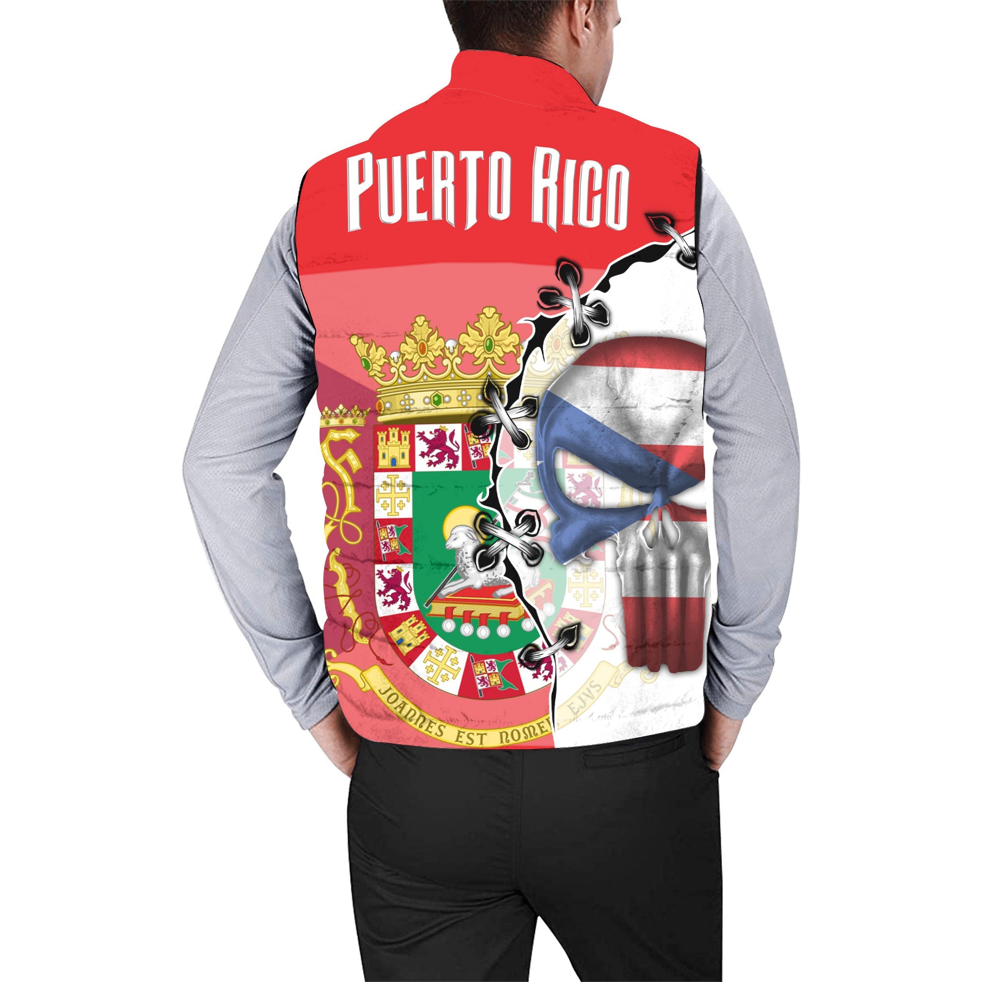 Puerto Rico Men Padded Jacket Vest Flag & Coat Of Arms Skull Style