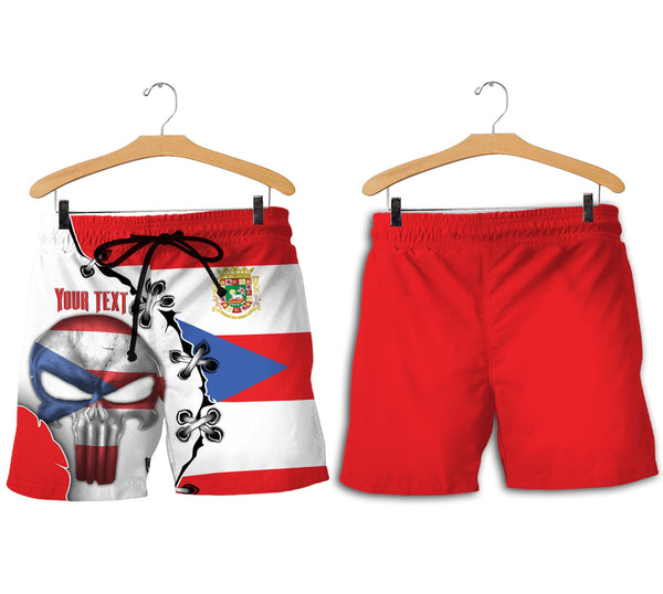 Puerto Rico Men Short Flag & Coat Of Arms Skull Style