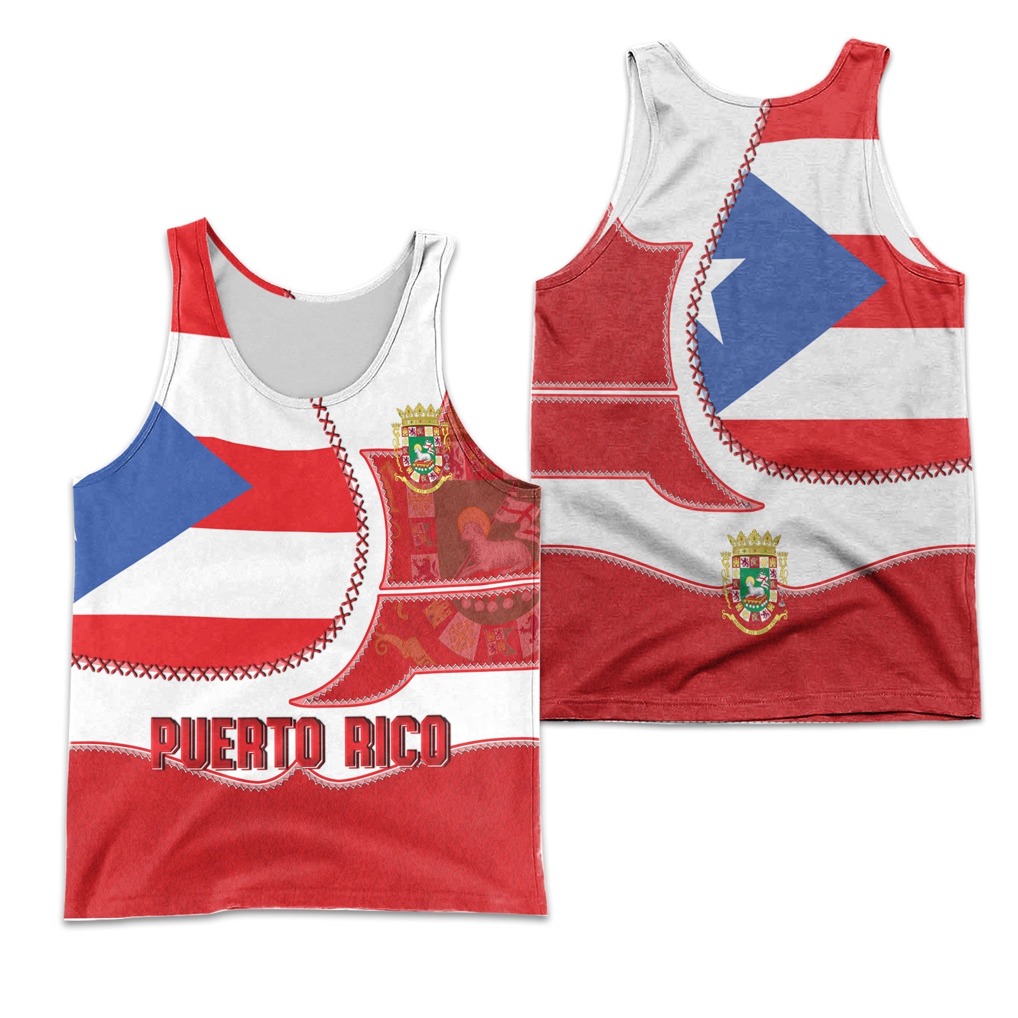 Puerto Rico Men Tank Top Flag & Coat Of Arms Leather Style