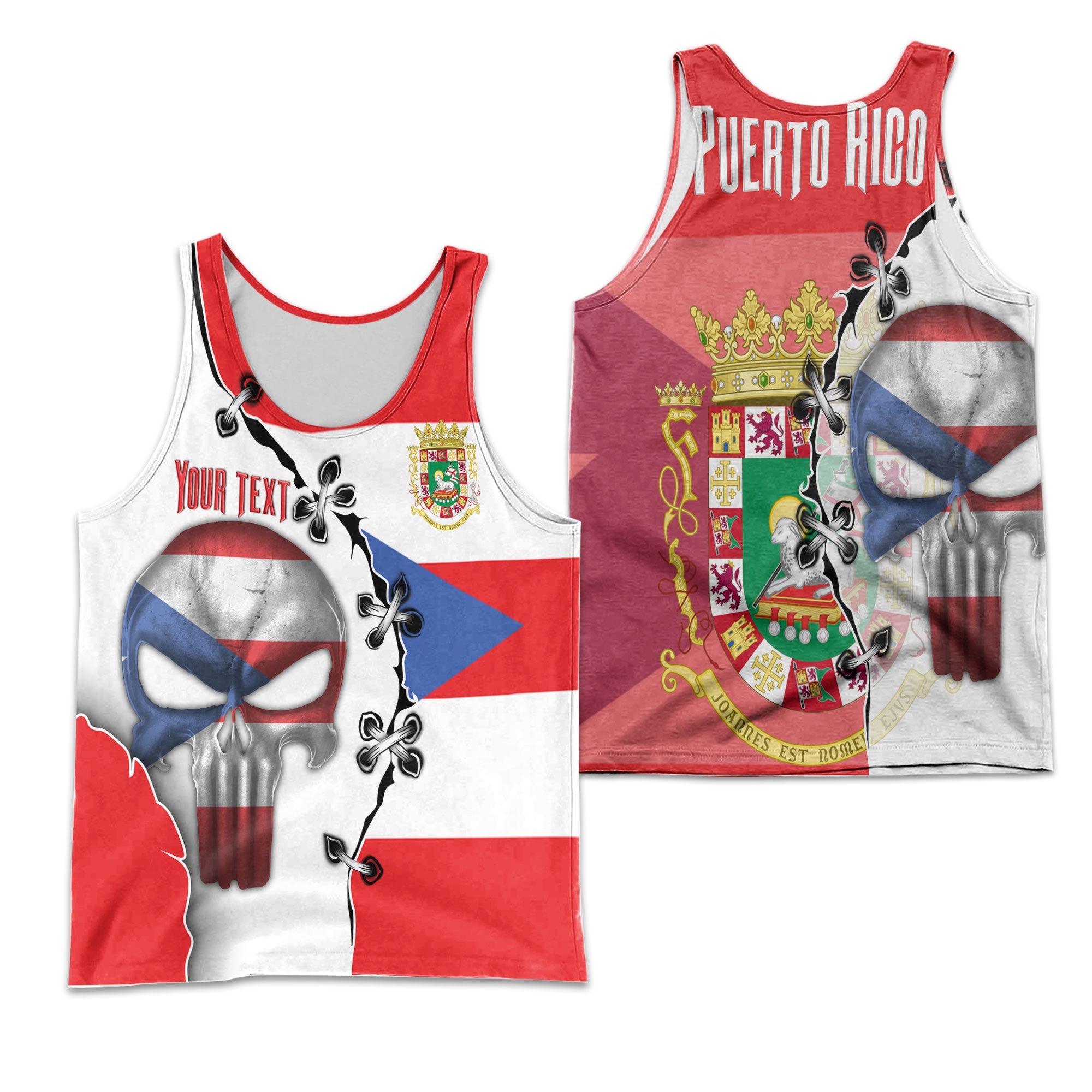 Puerto Rico Men Tank Top Flag & Coat Of Arms Skull Style