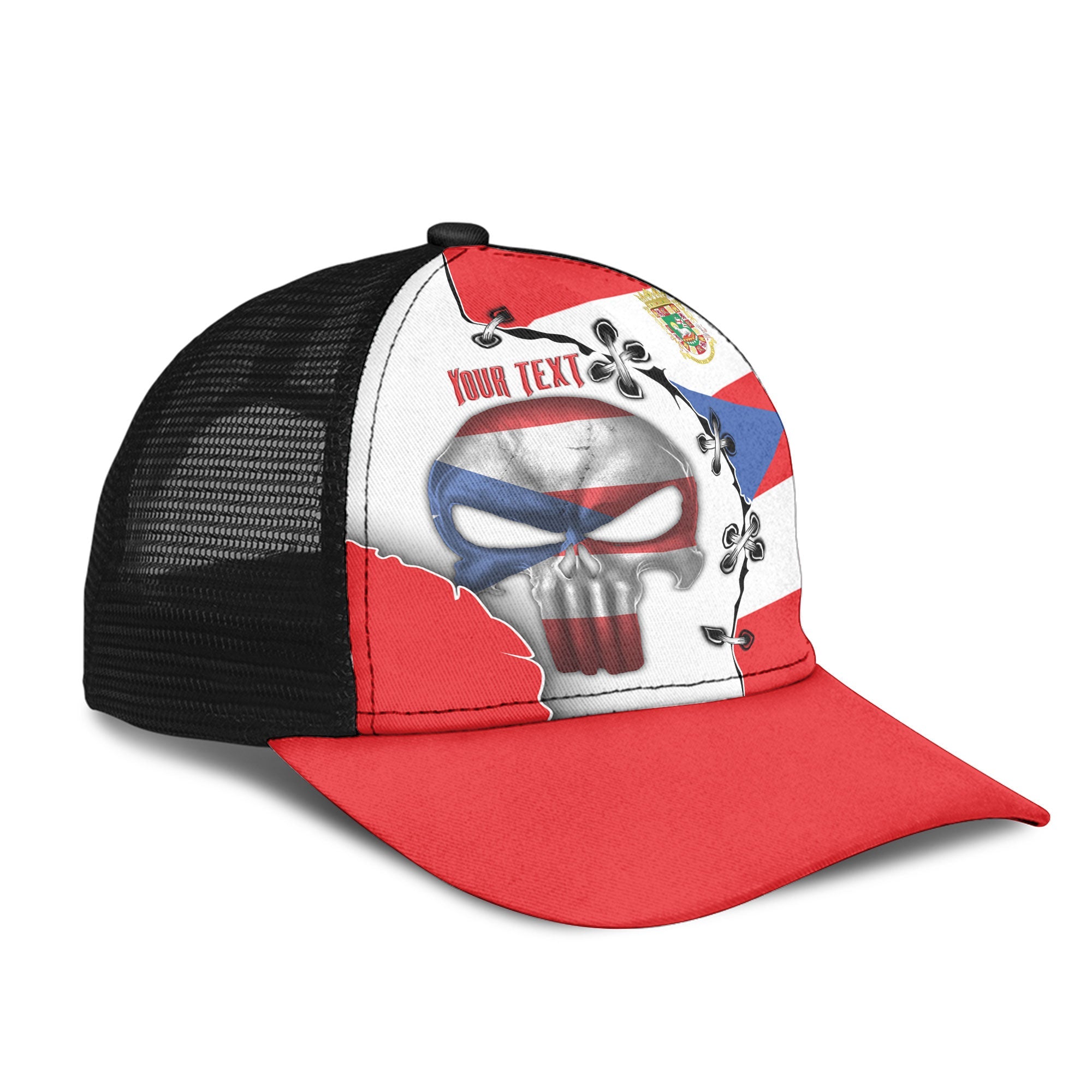 Puerto Rico Mesh Back Cap Flag & Coat Of Arms Skull Style