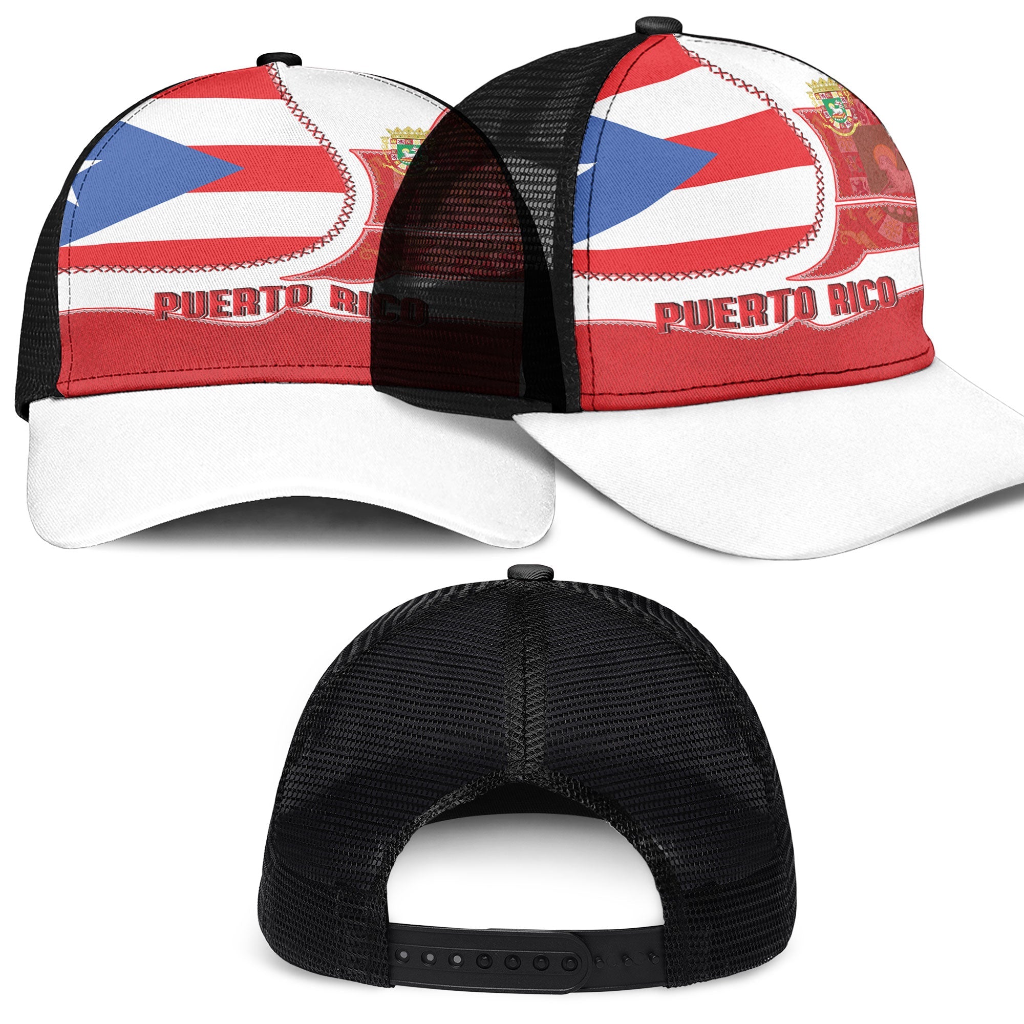 Puerto Rico Mesh Back Cap Flag & Coat Of Arms Leather Style