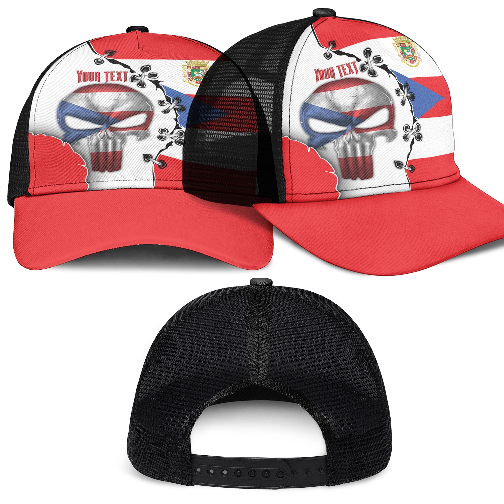 Puerto Rico Mesh Back Cap Flag & Coat Of Arms Skull Style