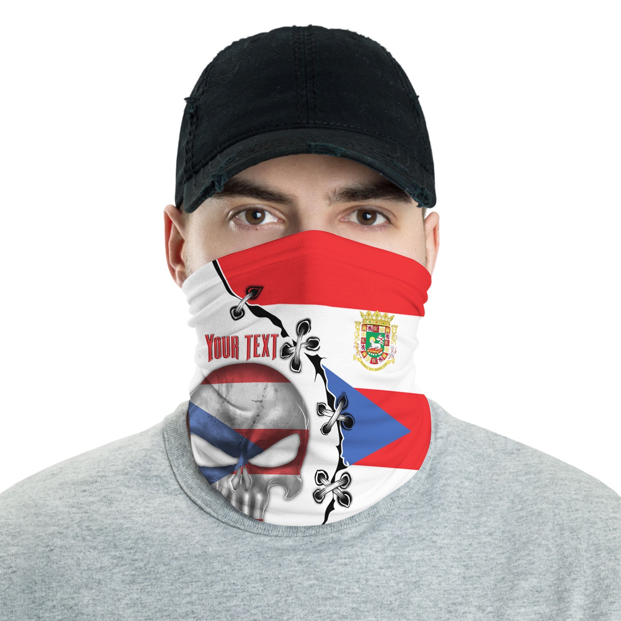 Puerto Rico Neck Gaiter Flag & Coat Of Arms Skull Style