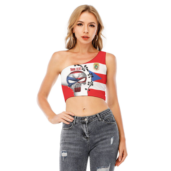 Puerto Rico One Shoulder Shirt Flag & Coat Of Arms Skull Style