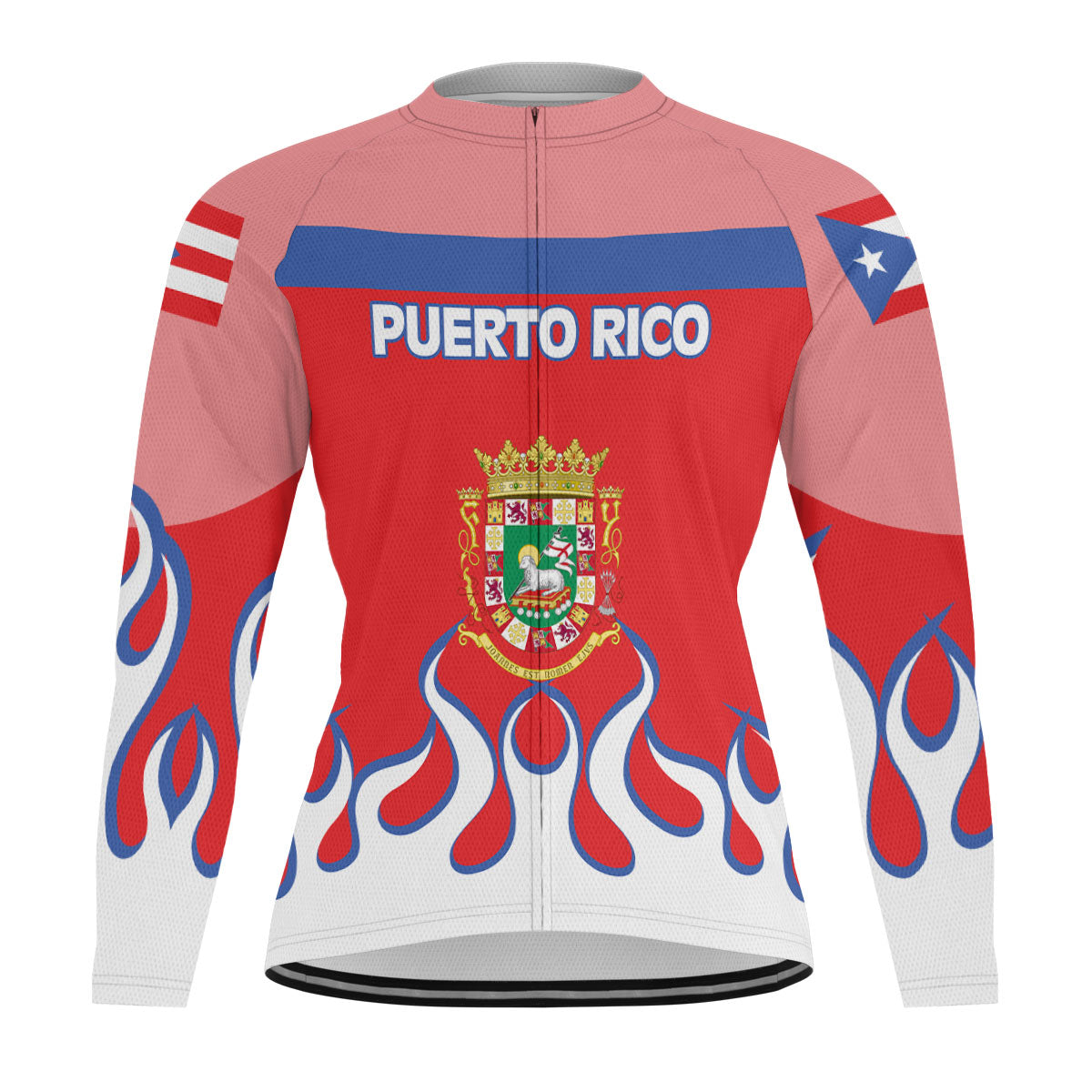 Puerto Rico Men's Cycling Jersey Long Sleeve Flag & Coat Of Arms Fire Hockey Style