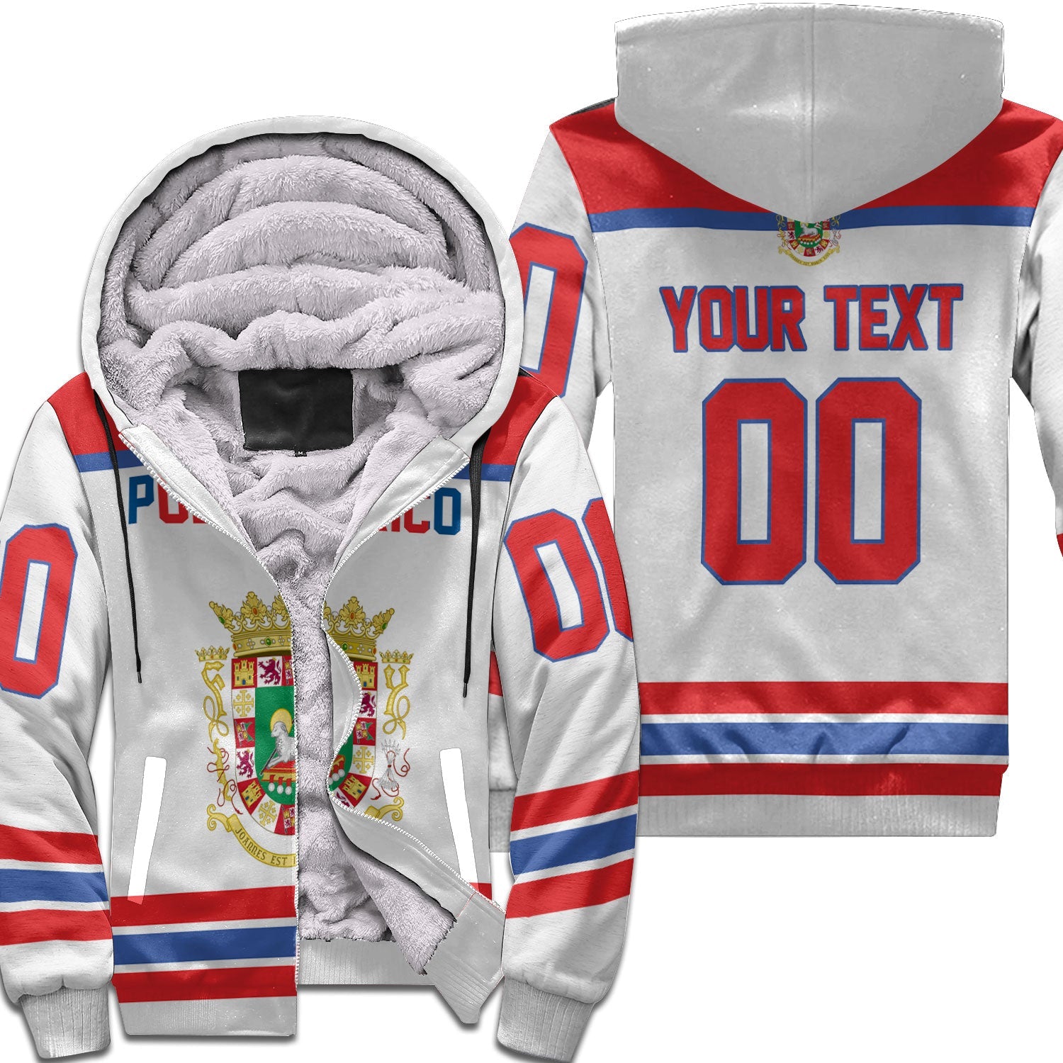 Puerto Rico Sherpa Hoodie Flag & Coat Of Arms Hockey Style