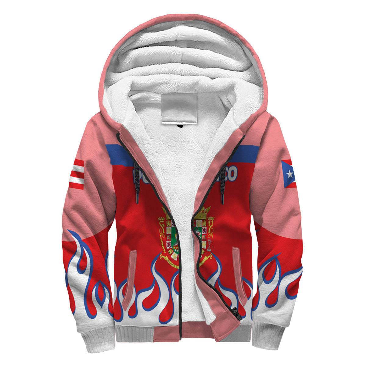 Puerto Rico Sherpa Hoodie Flag & Coat Of Arms Fire Hockey Style