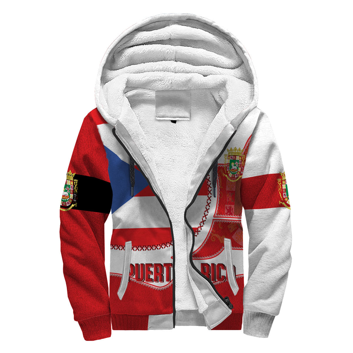 Puerto Rico Sherpa Hoodie Flag & Coat Of Arms Leather Style