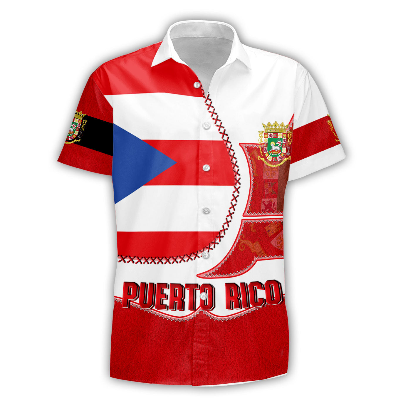 Puerto Rico Short Sleeve Shirt Flag & Coat Of Arms Leather Style