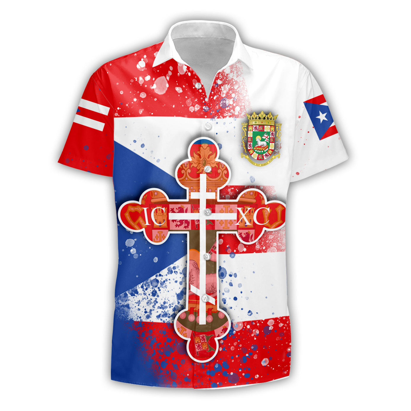 Puerto Rico Short Sleeve Shirt Flag & Coat Of Arms Orthodox Style