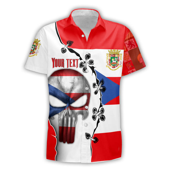 Puerto Rico Short Sleeve Shirt Flag & Coat Of Arms Skull Style