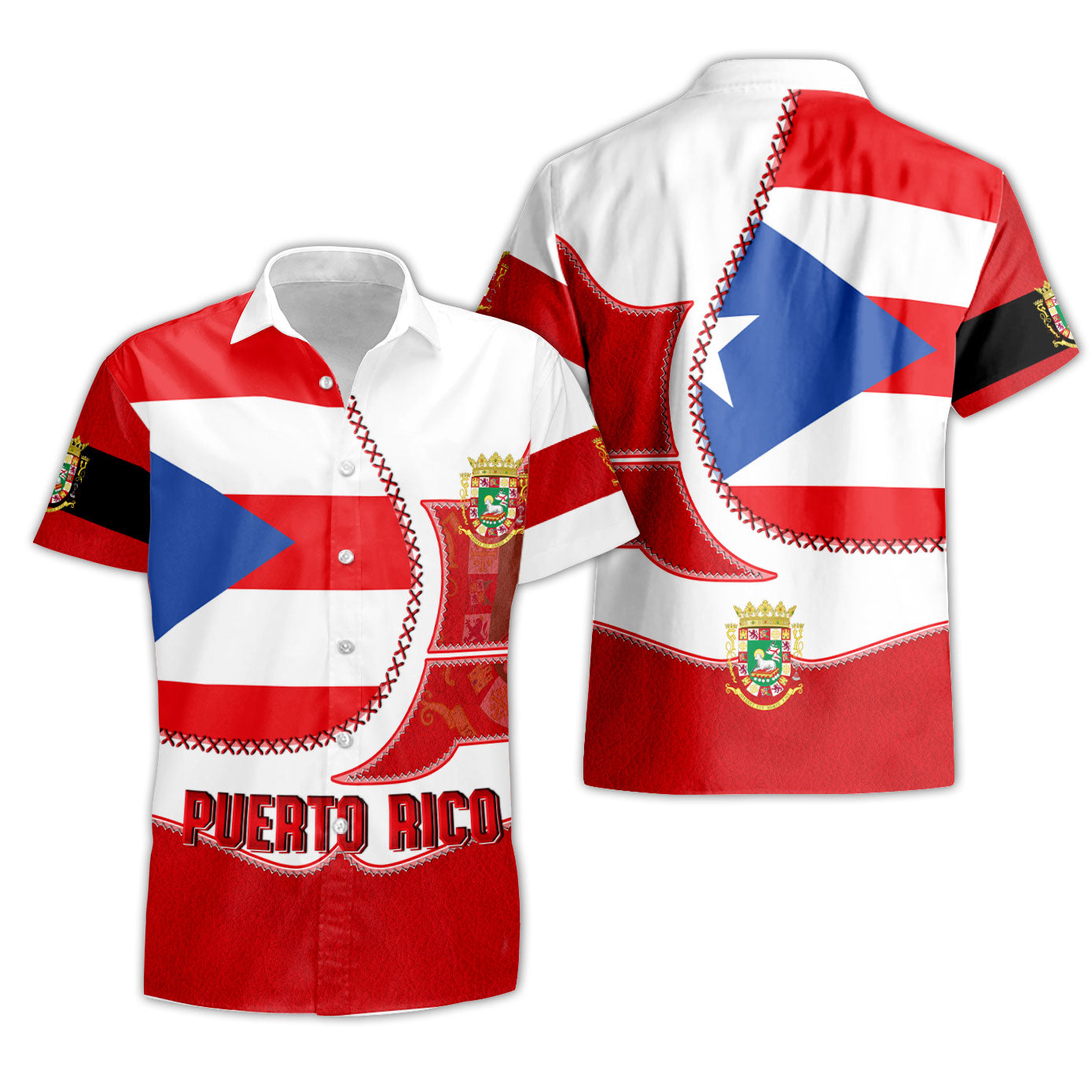 Puerto Rico Short Sleeve Shirt Flag & Coat Of Arms Leather Style