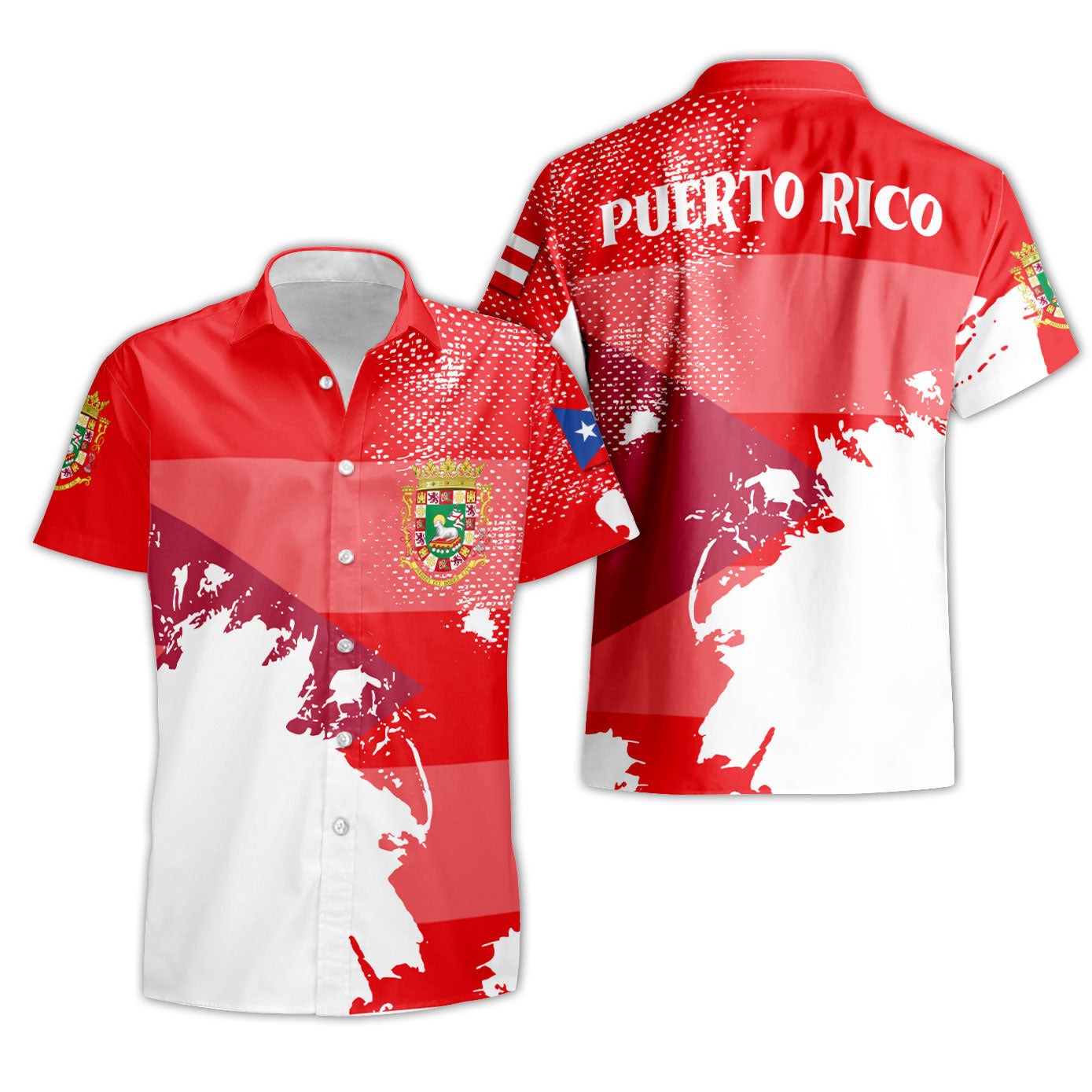 Puerto Rico Short Sleeve Shirt Flag & Coat Of Arms Paint Style