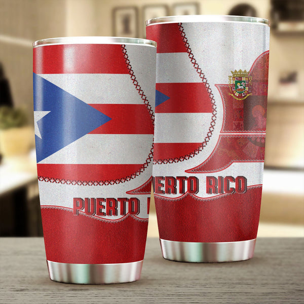 Puerto Rico Stainless Steel Glitter Tumbler Flag & Coat Of Arms Leather Style