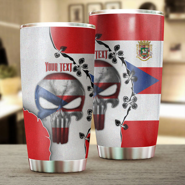 Puerto Rico Stainless Steel Glitter Tumbler Flag & Coat Of Arms Skull Style