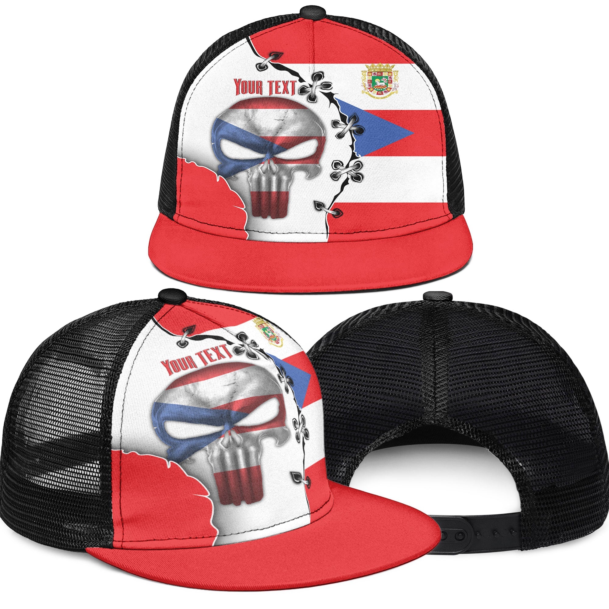 Puerto Rico Trucker Hat Flag & Coat Of Arms Skull Style