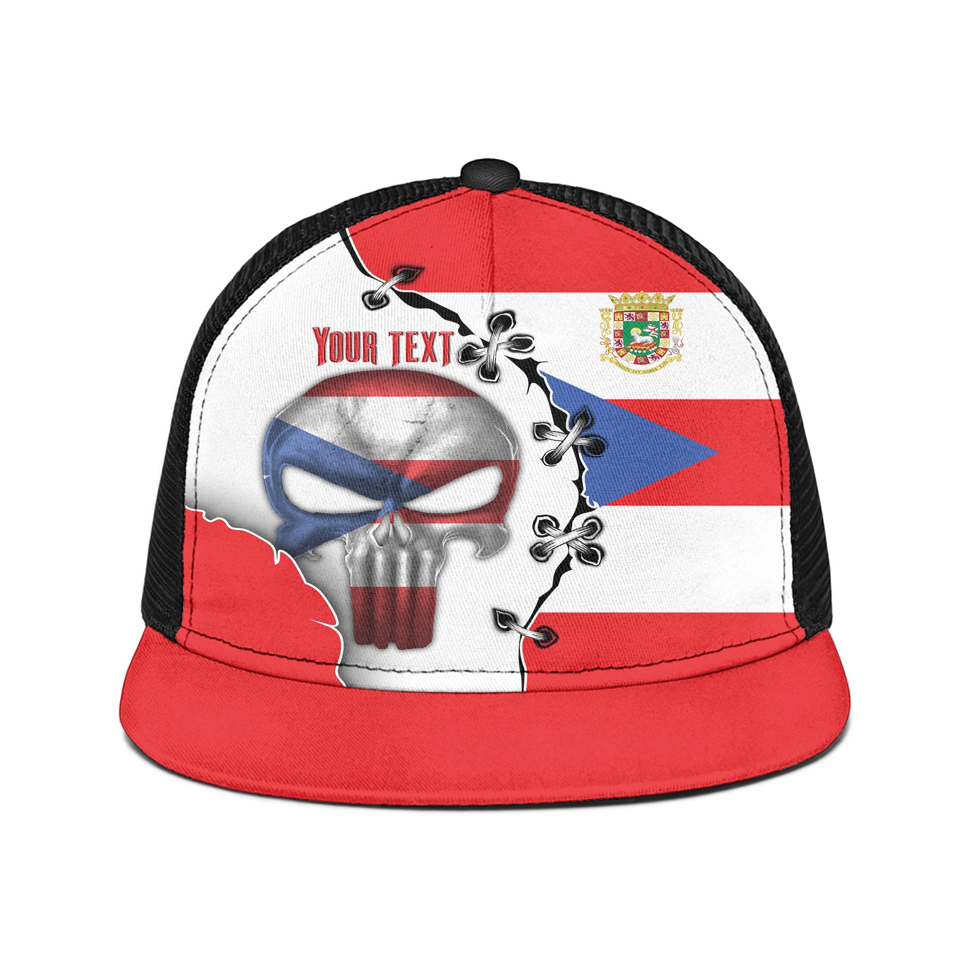 Puerto Rico Trucker Hat Flag & Coat Of Arms Skull Style