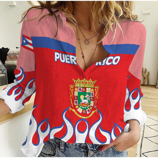 Puerto Rico Women Casual Shirt Flag & Coat Of Arms Fire Hockey Style