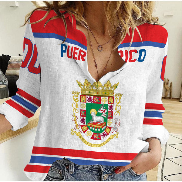 Puerto Rico Women Casual Shirt Flag & Coat Of Arms Hockey Style