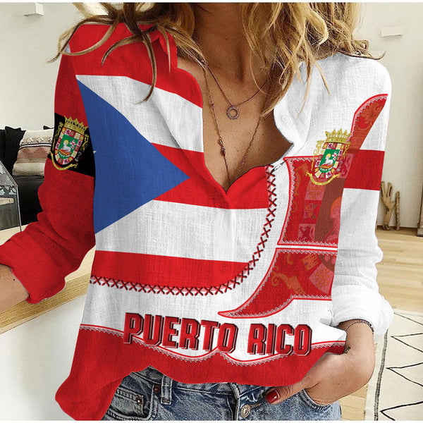 Puerto Rico Women Casual Shirt Flag & Coat Of Arms Leather Style