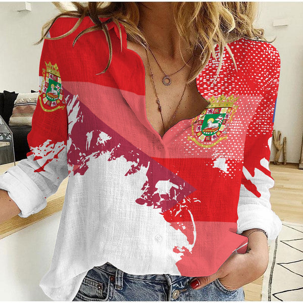 Puerto Rico Women Casual Shirt Flag & Coat Of Arms Paint Style