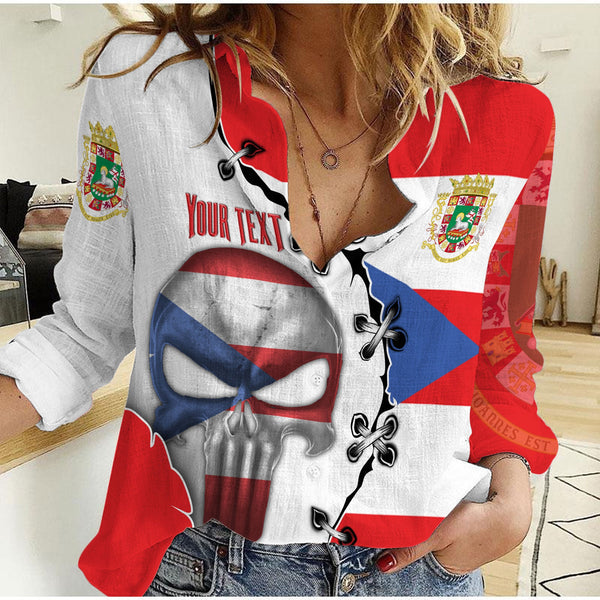 Puerto Rico Women Casual Shirt Flag & Coat Of Arms Skull Style