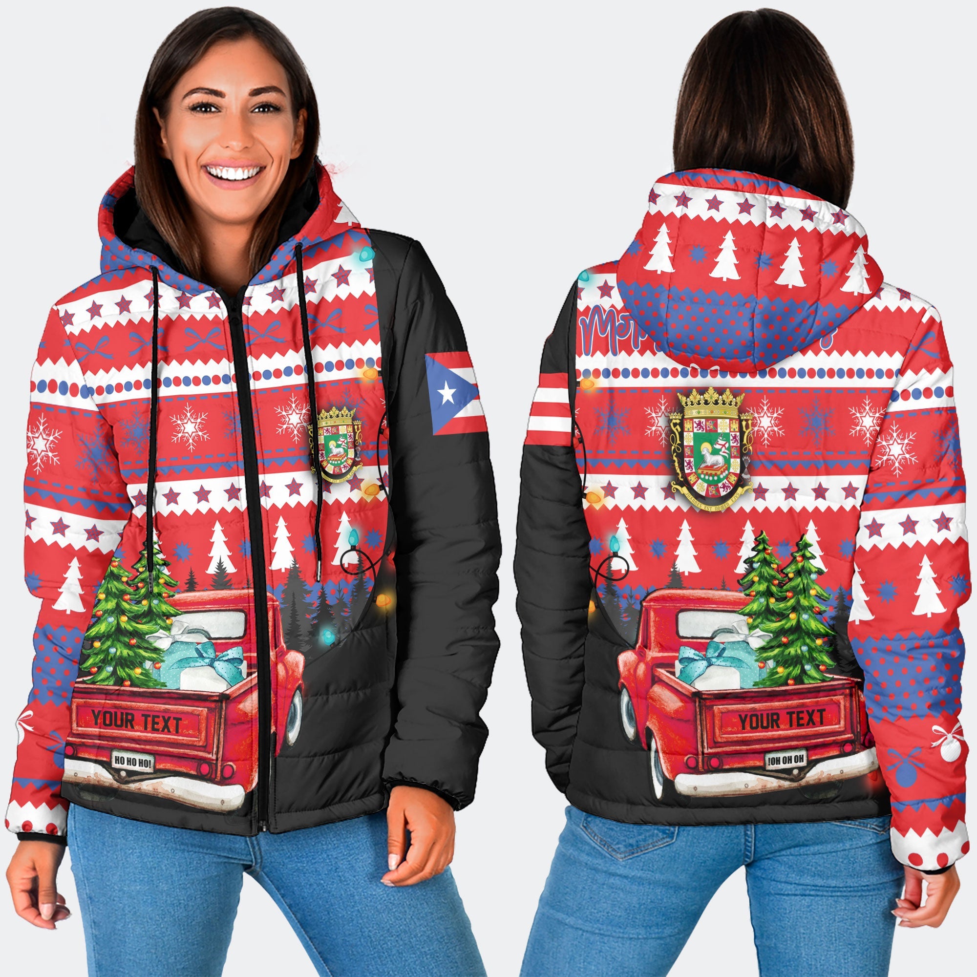 Puerto Rico Women Hooded Padded Jacket Coat Of Arms Christmas Style