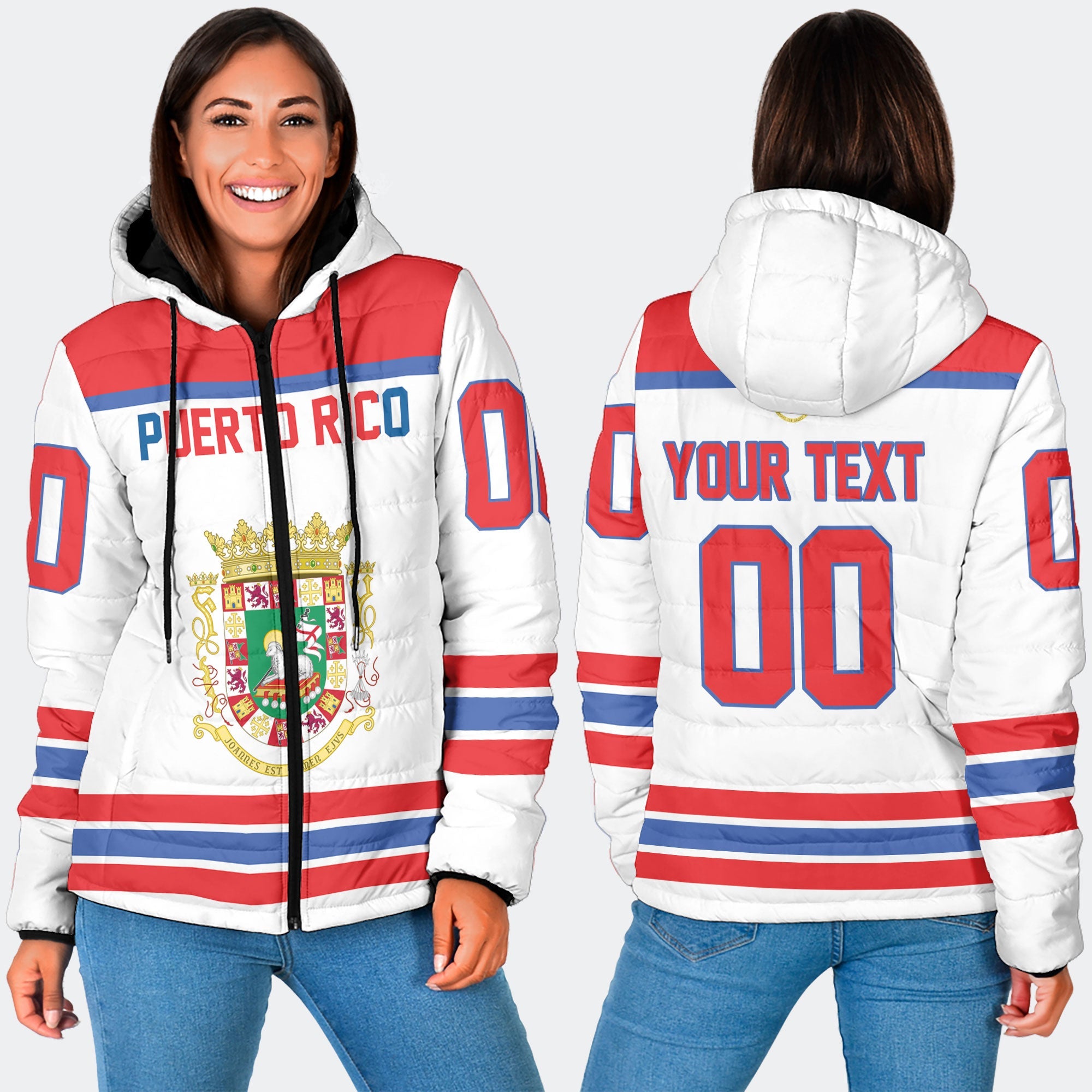 Puerto Rico Women Hooded Padded Jacket Flag & Coat Of Arms Hockey Style