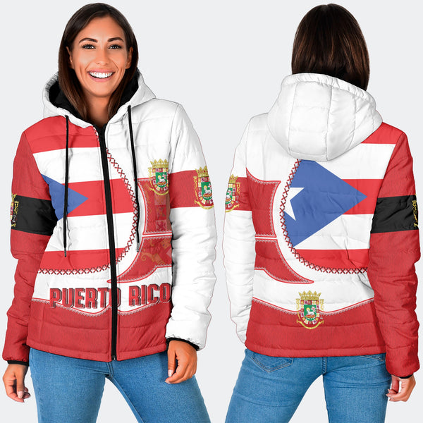 Puerto Rico Women Hooded Padded Jacket Flag & Coat Of Arms Leather Style