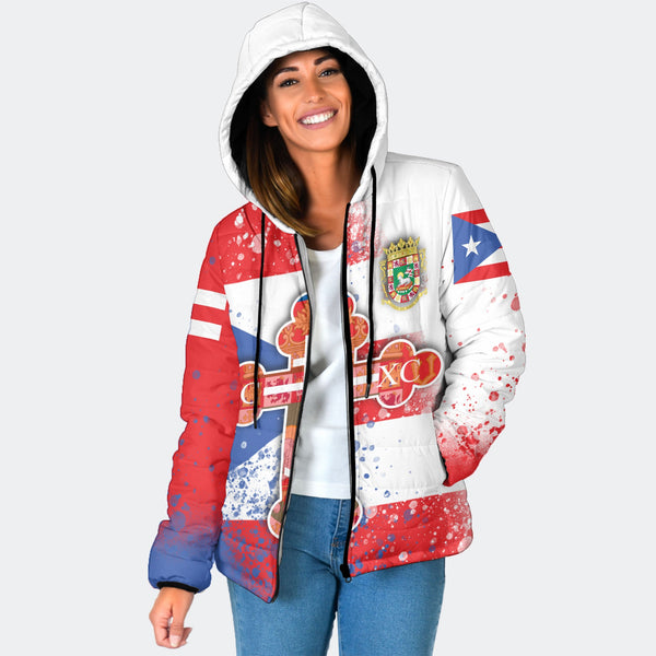 Puerto Rico Women Hooded Padded Jacket Flag & Coat Of Arms Orthodox Style