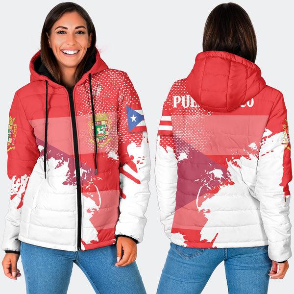 Puerto Rico Women Hooded Padded Jacket Flag & Coat Of Arms Paint Style