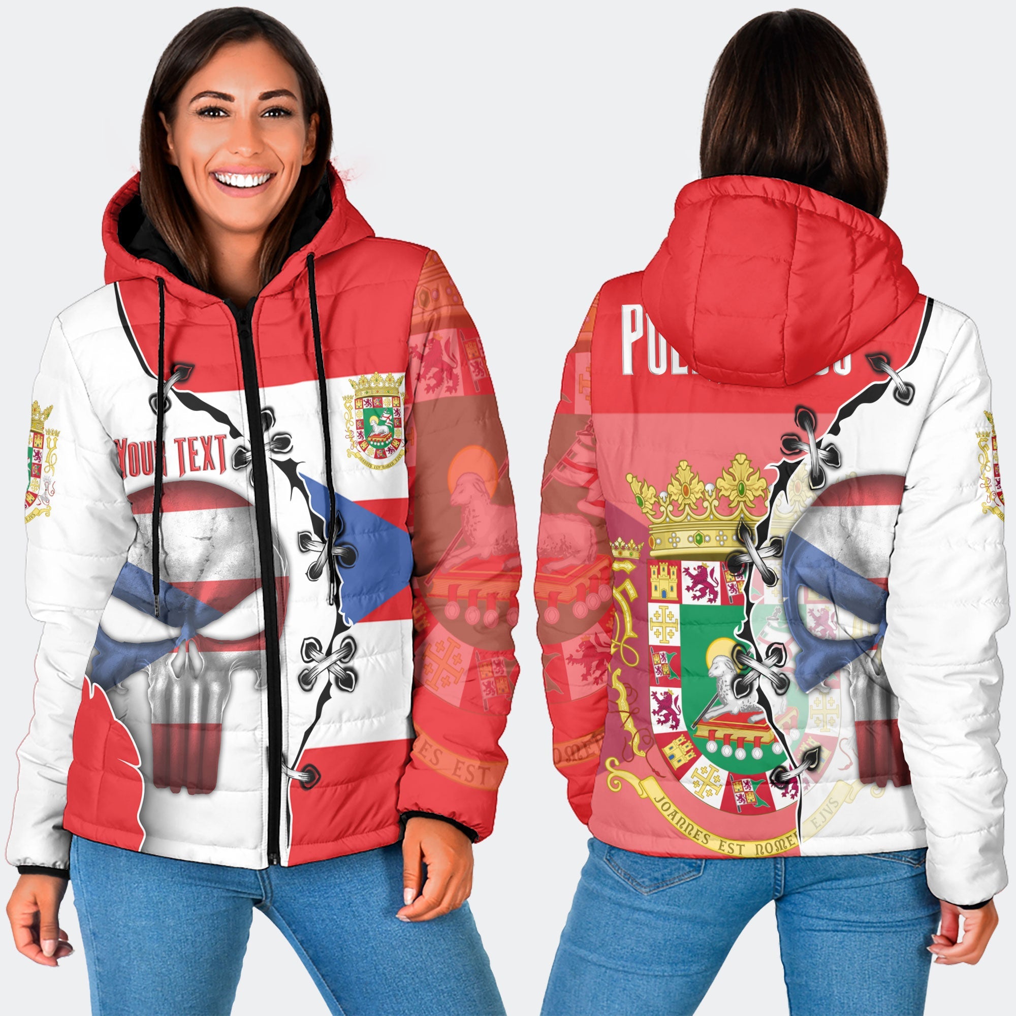 Puerto Rico Women Hooded Padded Jacket Flag & Coat Of Arms Skull Style