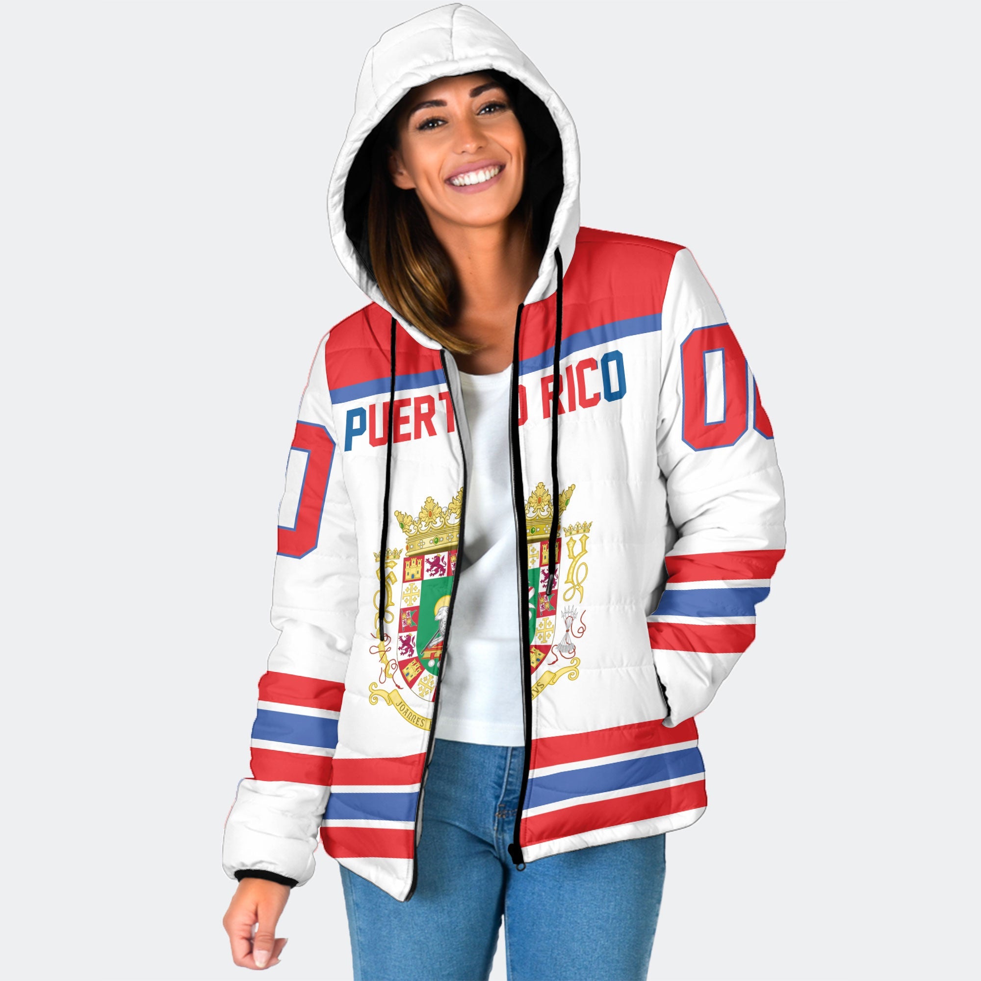 Puerto Rico Women Hooded Padded Jacket Flag & Coat Of Arms Hockey Style