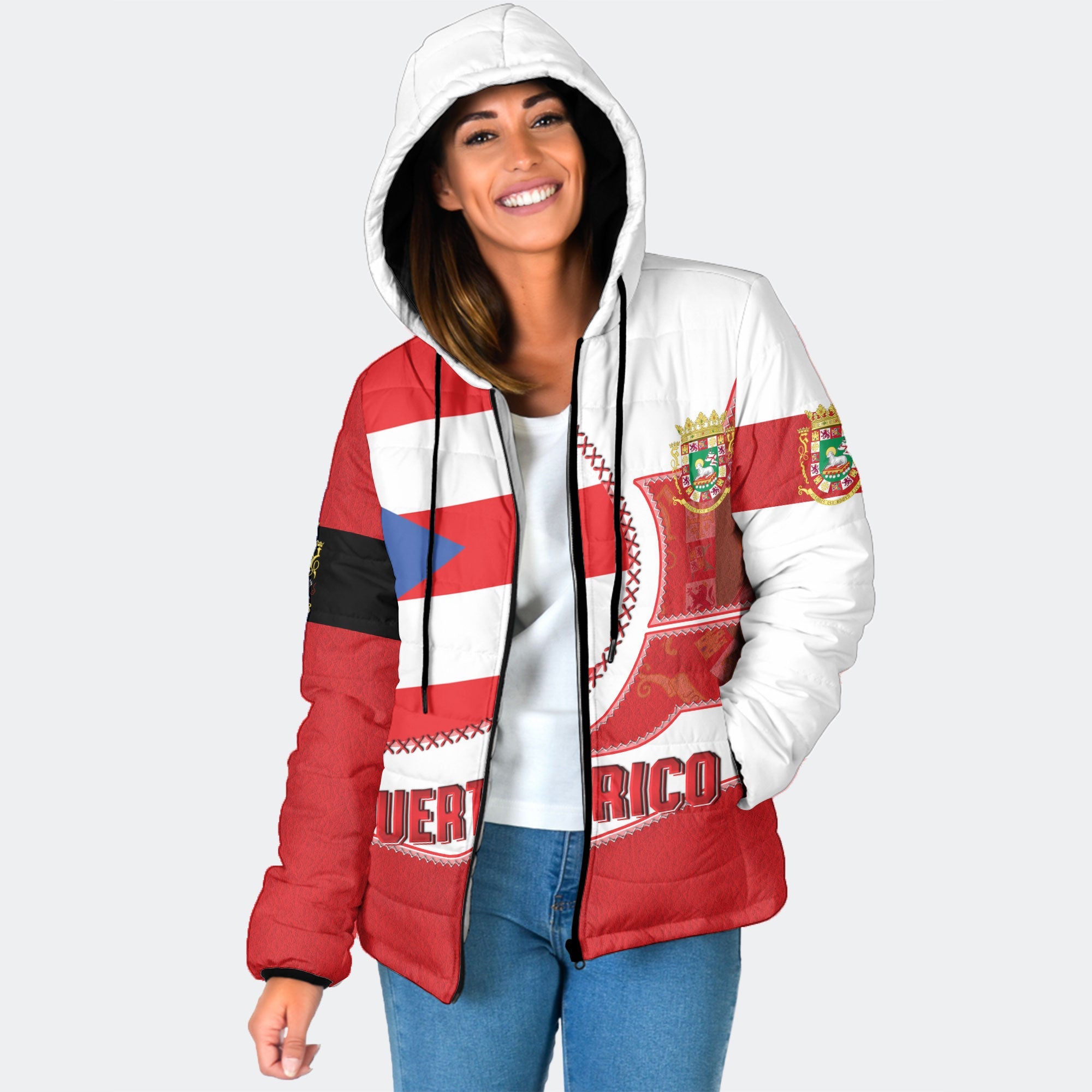 Puerto Rico Women Hooded Padded Jacket Flag & Coat Of Arms Leather Style