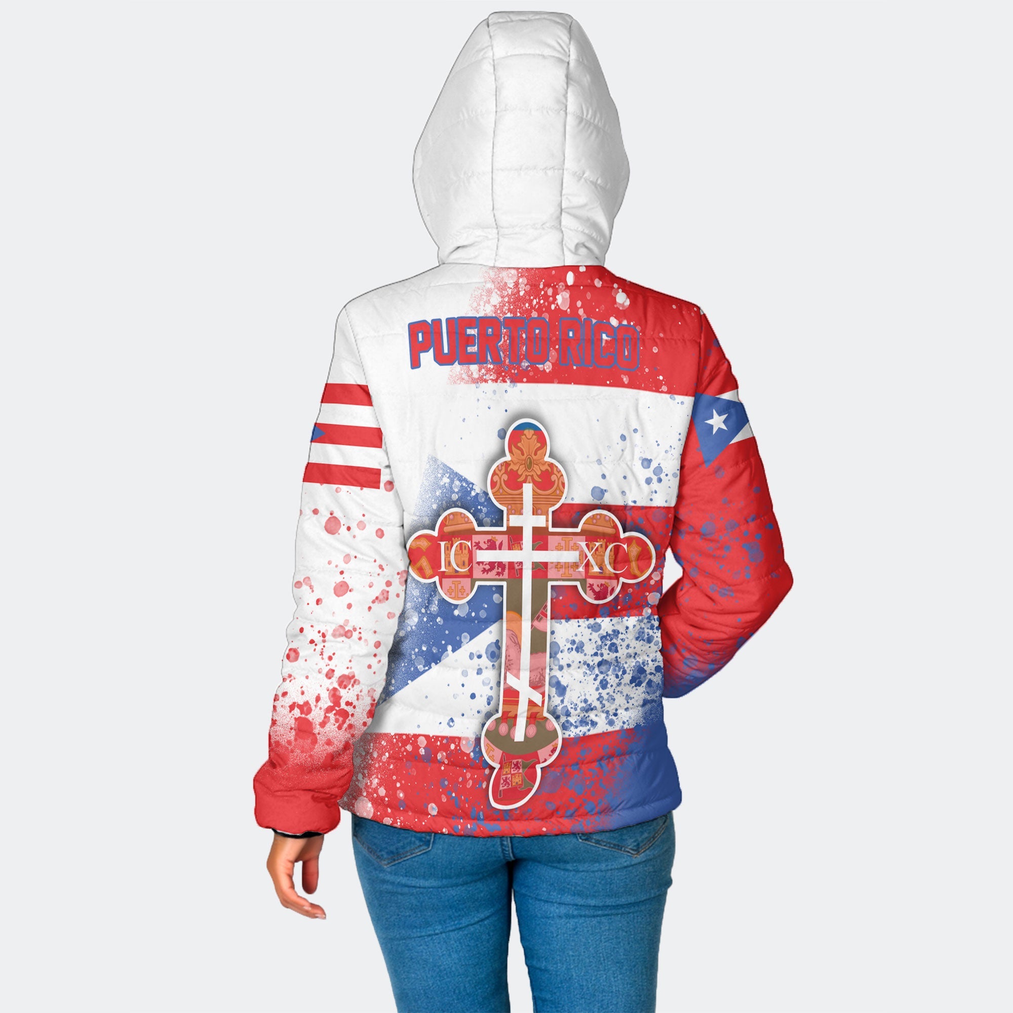 Puerto Rico Women Hooded Padded Jacket Flag & Coat Of Arms Orthodox Style